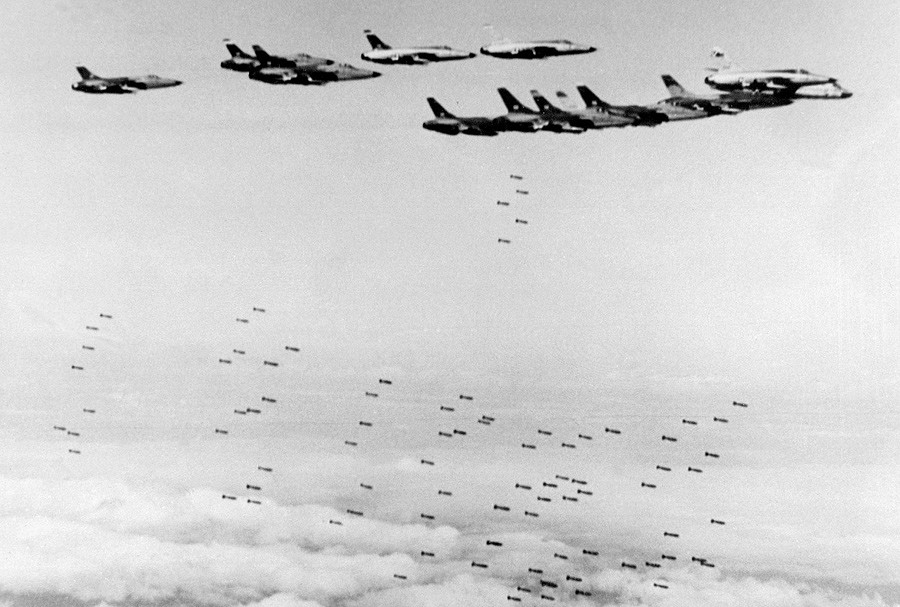 6 U.S. Army F105 Thunderchief fighter-bombers drop bombs on military and strategic targets in north Vietnam on February 8, 1966 AFP.jpg